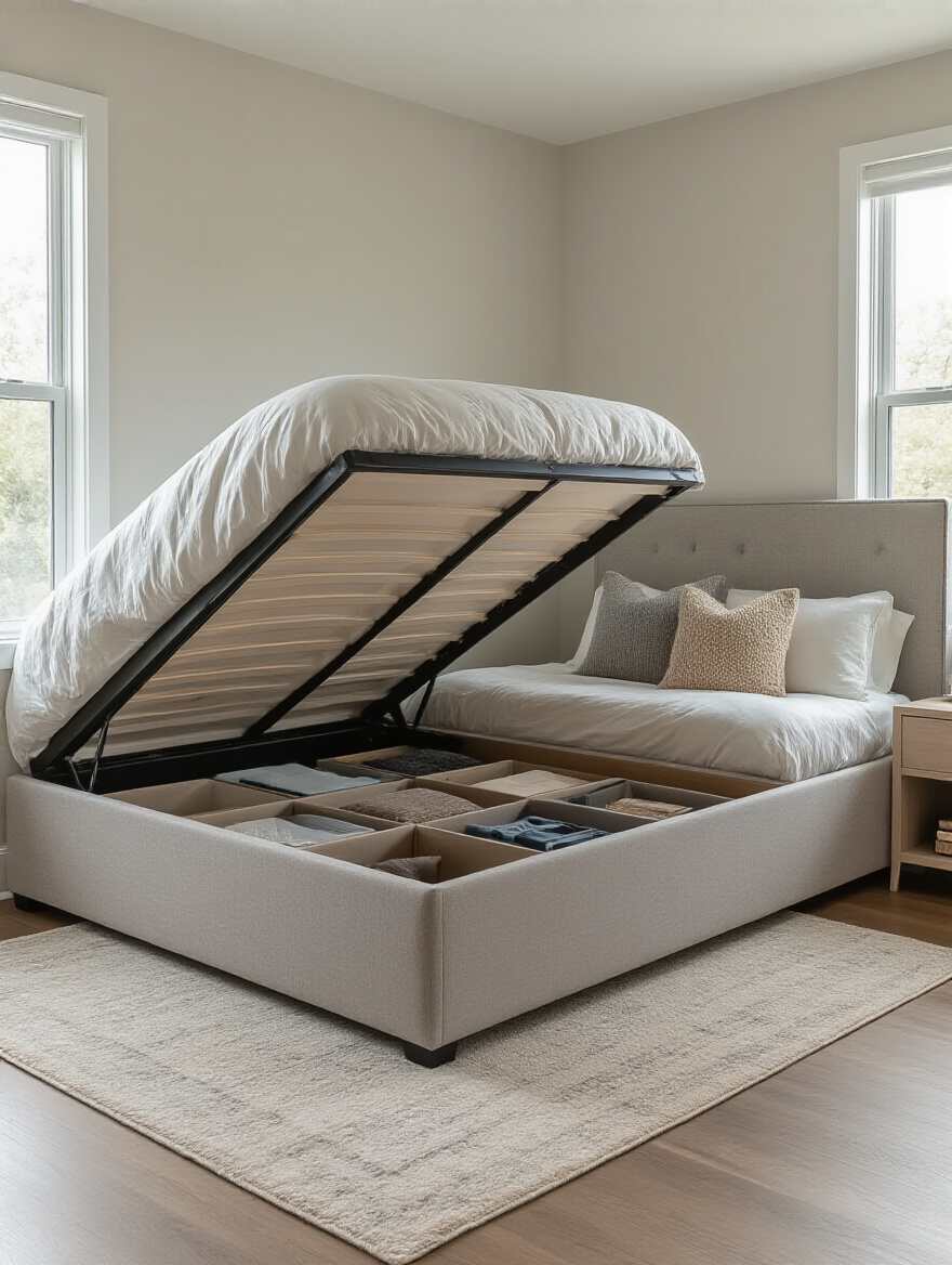 Modern small bedroom with a stylish ottoman bed featuring open storage compartment, showcasing multi-functional furniture for space-saving