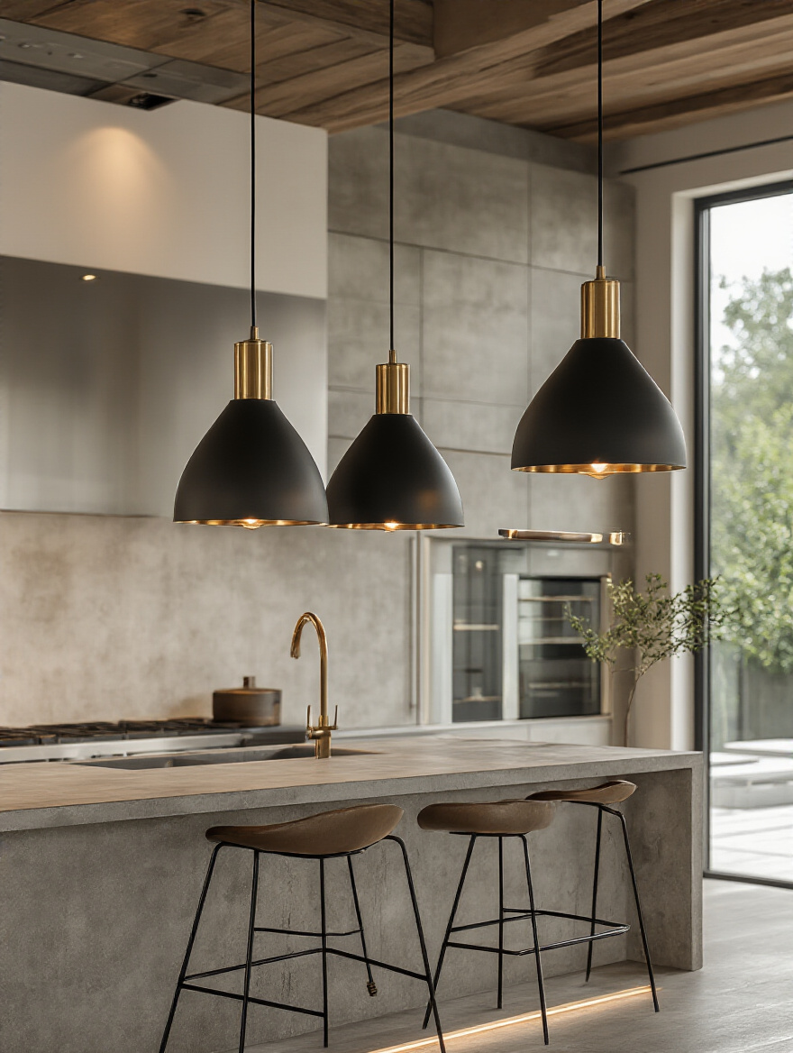 Modern kitchen with statement pendant lights over concrete island showcasing elegant decor style