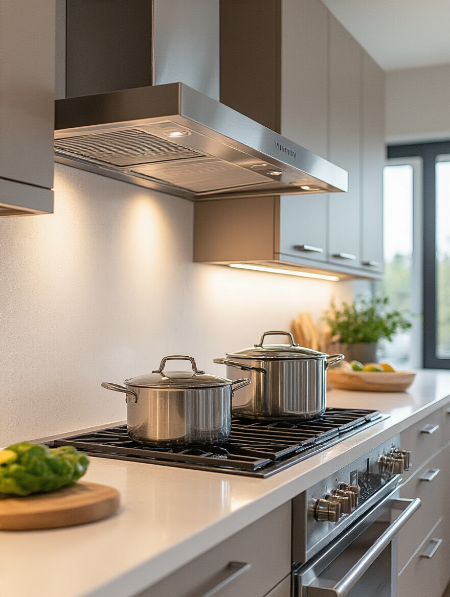 Modern kitchen with superior ventilation system showcasing sleek range hood and cooktop
