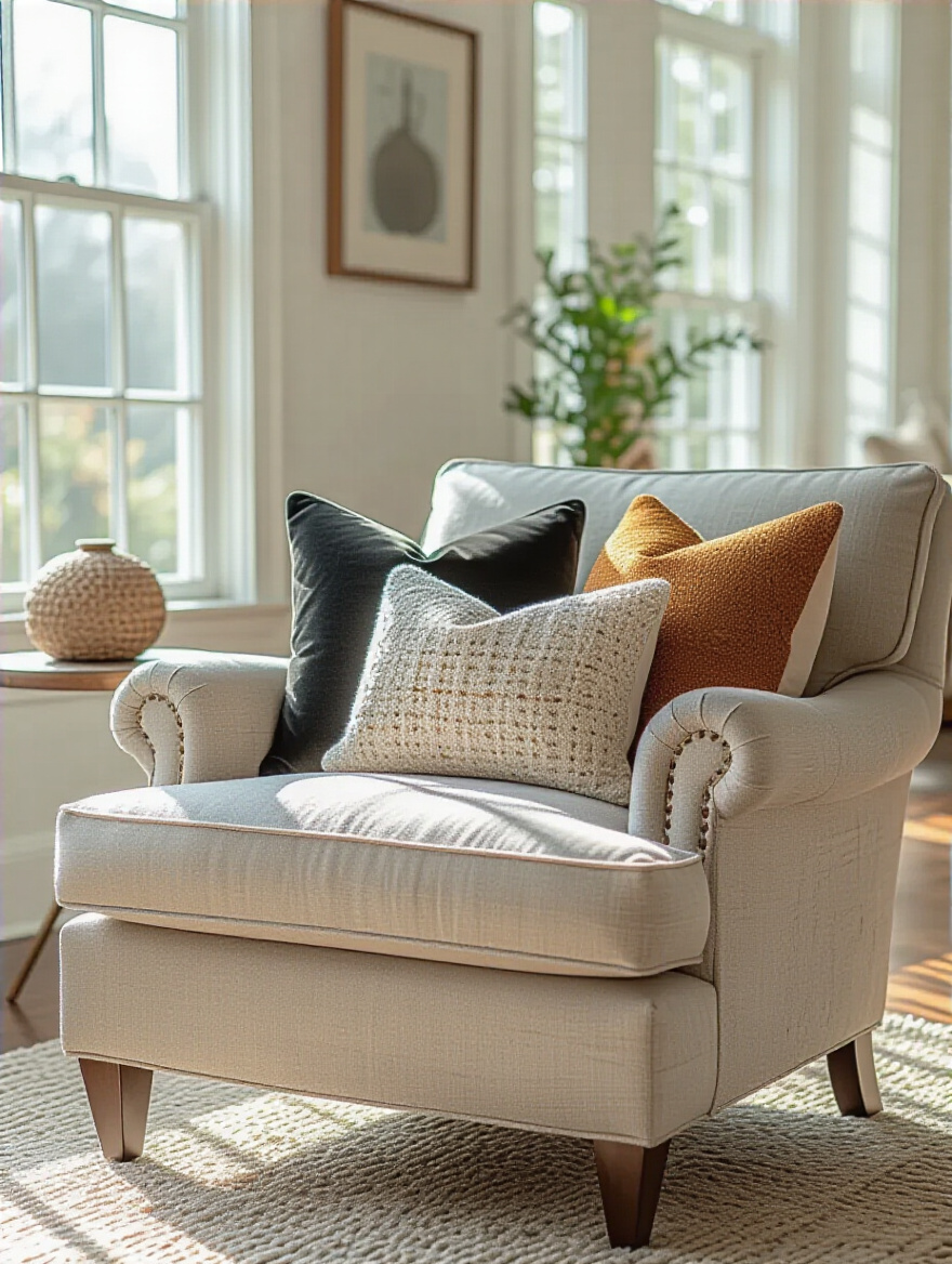 Living room chair decorated with themed throw pillows showcasing varied textures and colors in natural sunlight