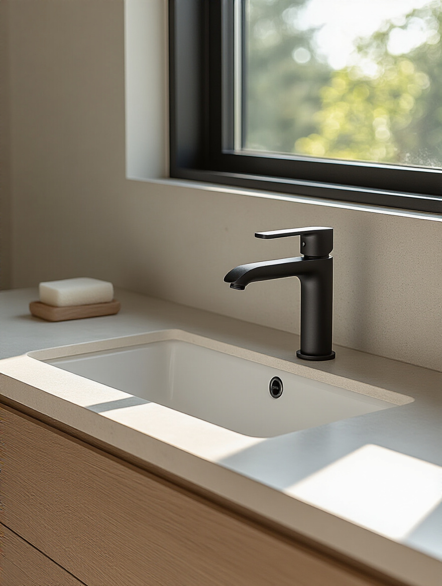 Minimalist bathroom vanity with sleek matte black wall-mounted faucet and clean seamless countertop