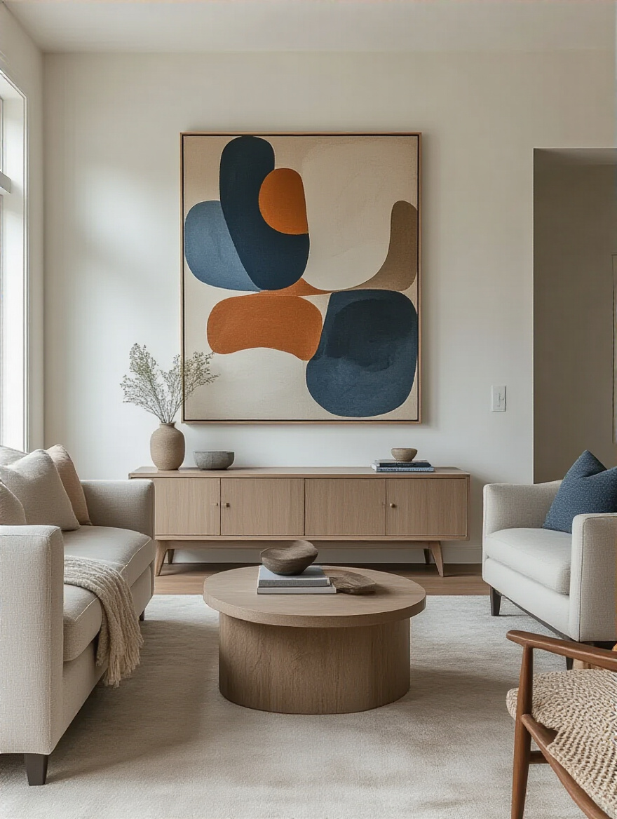 Apartment living room featuring a central focal point with a large abstract painting above a console table, furniture arranged around it, bright natural lighting