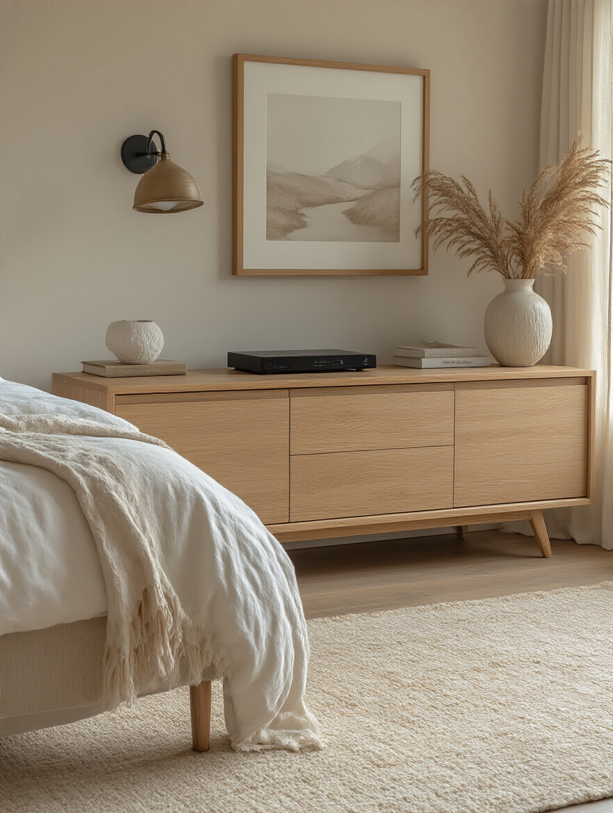 Stylish media console in a serene bedroom setting with hidden cable management.