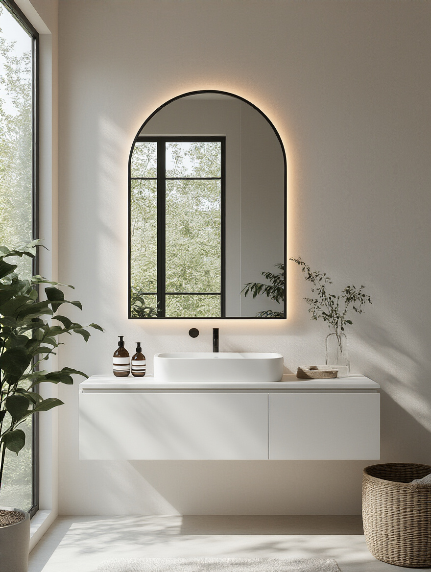 Minimalist bathroom portrait featuring a large arch-shaped statement mirror with matte black frame above a floating white vanity, illuminated by natural and integrated LED light.