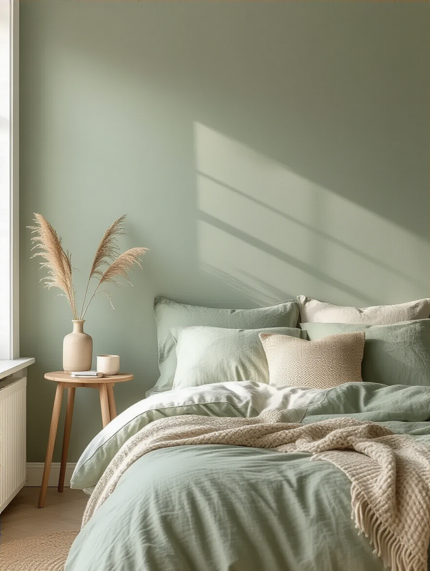 Elegant bedroom interior with calming muted sage green wall color setting a tranquil mood