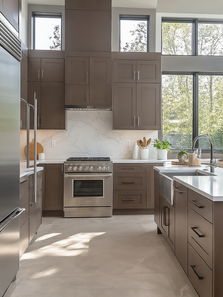 Modern kitchen with cooler brown cabinetry and white quartz countertops