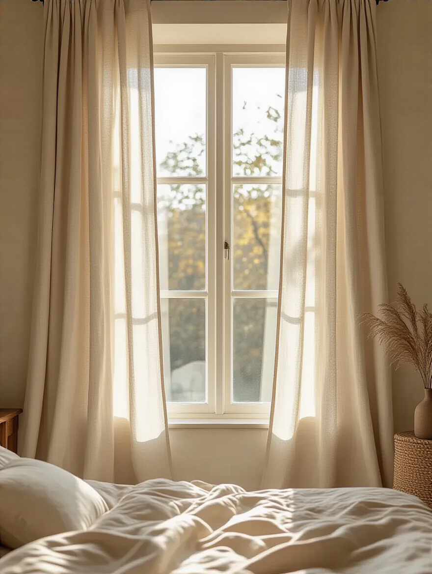 Serene beige bedroom with lightweight linen drapes softly filtering natural light through a tall window