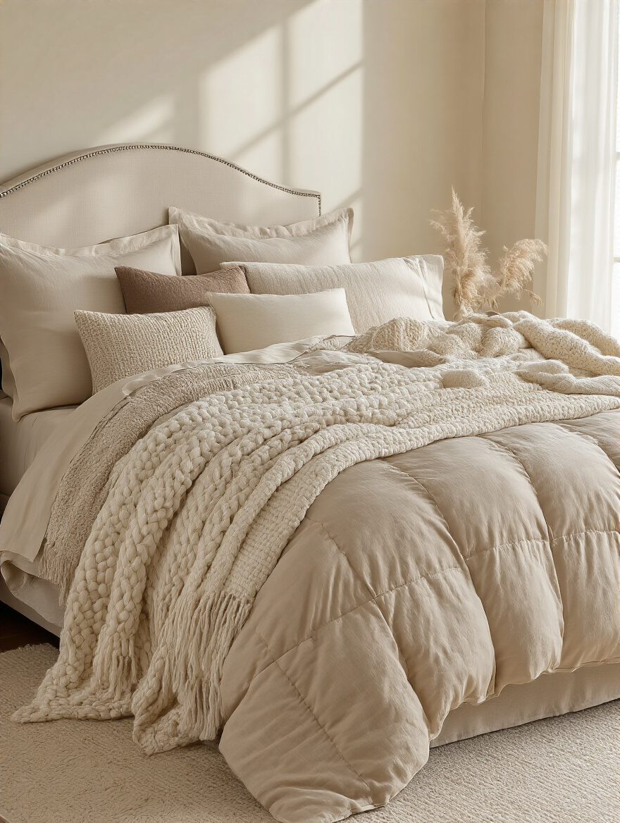 Luxurious layered bedding in a serene beige bedroom with textured throws and quilts