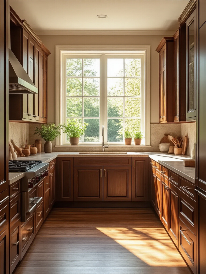 A beautifully designed kitchen featuring rich brown cabinets and warm lighting.