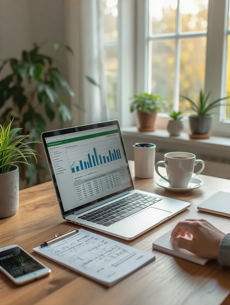 Organized home office workspace with budgeting spreadsheet and renovation cost tracking tools on desk