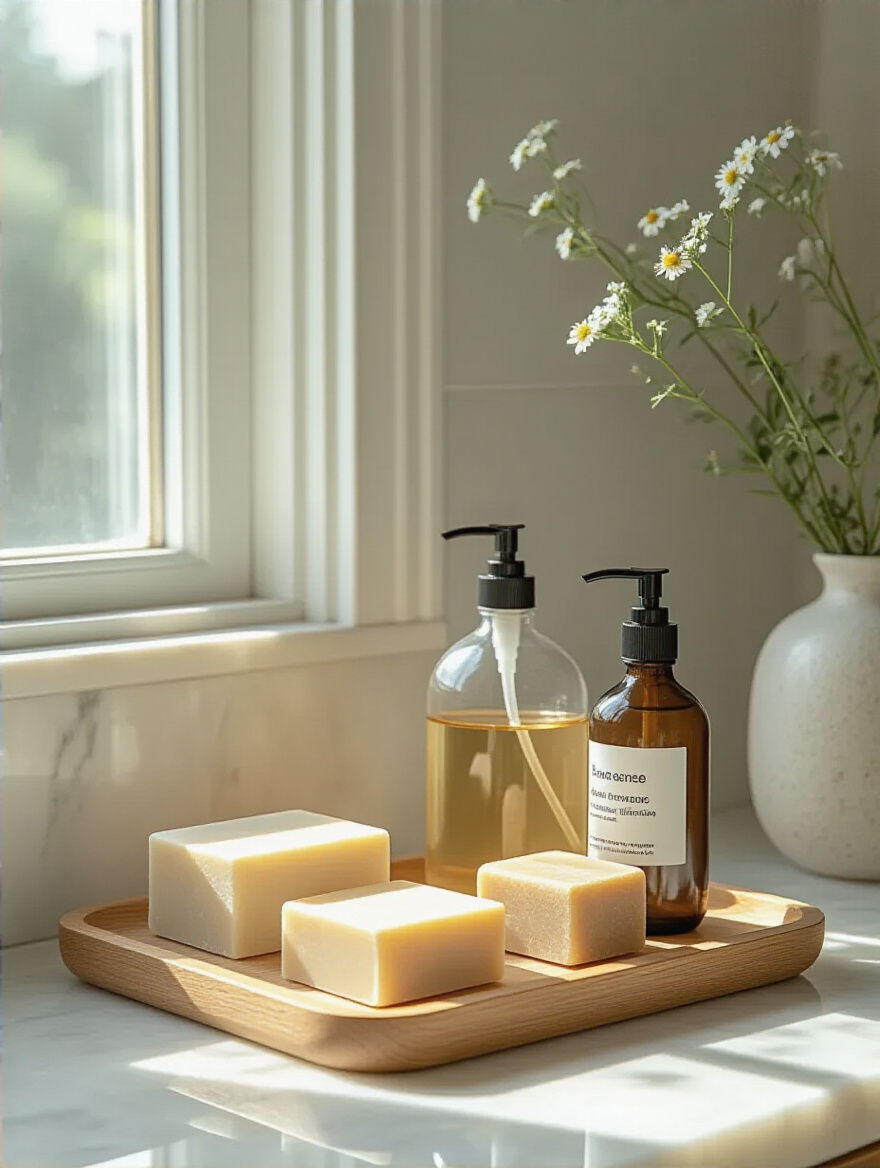 Minimalist bathroom countertop with neatly arranged multi-purpose personal care products including solid shampoo bars and castile soap dispenser