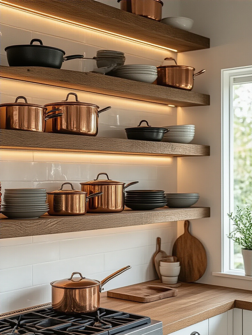 Creative display of cookware on open brown shelving in a cozy kitchen setting