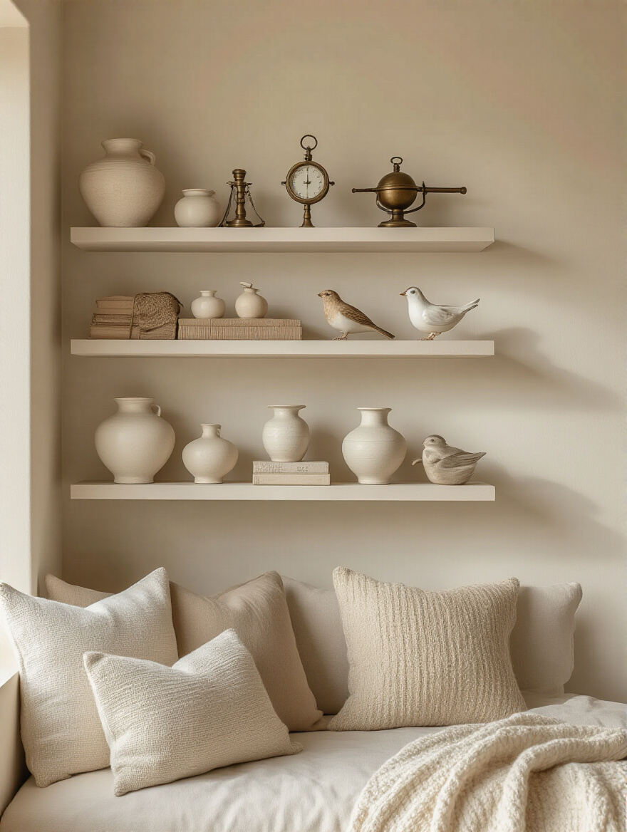 Beige bedroom corner with floating shelves displaying curated personal collections including ceramics and antique brass items, bathed in soft natural light