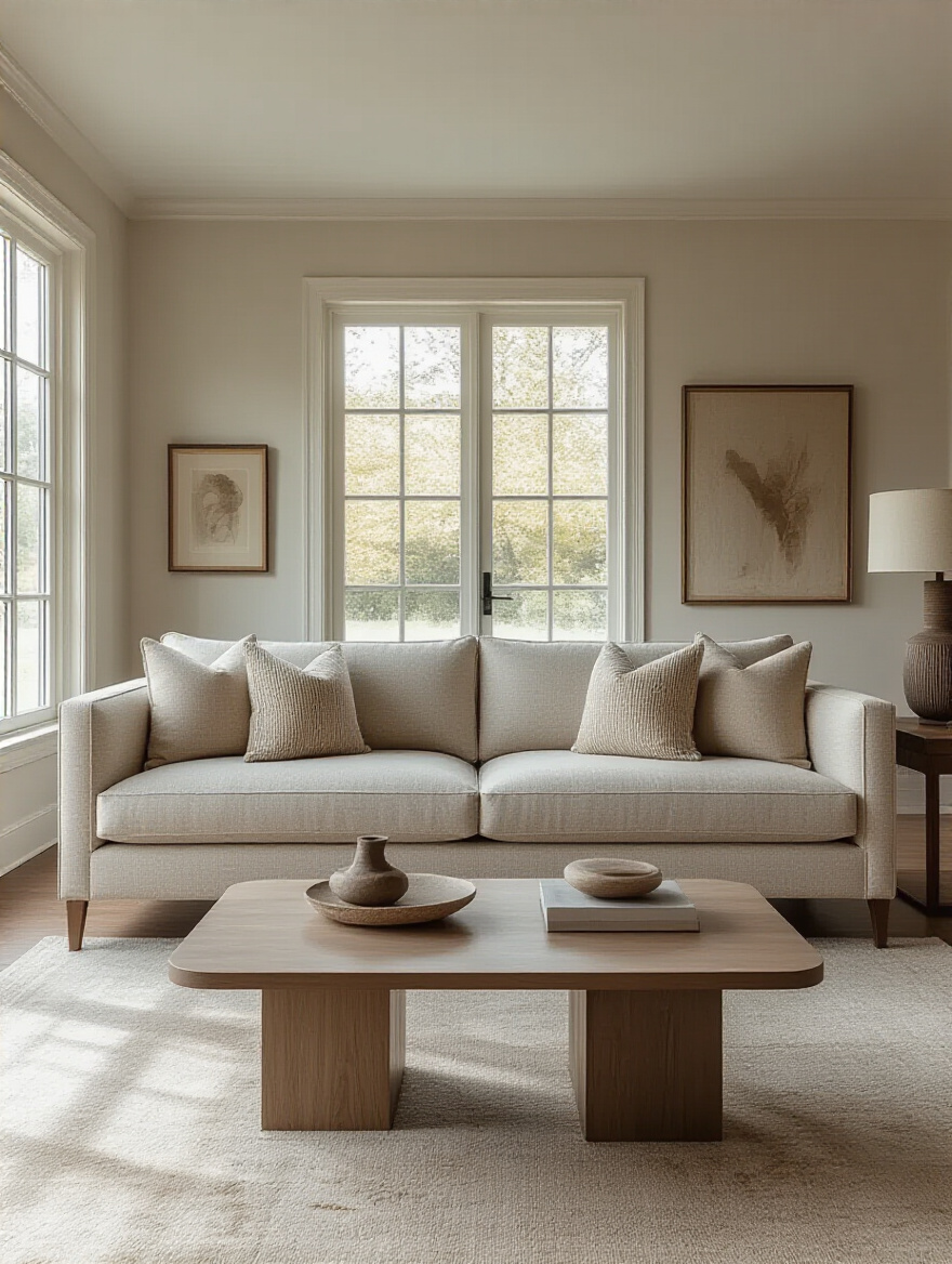 Elegant living room featuring a stylish 85-inch three-seater sofa with performance fabric