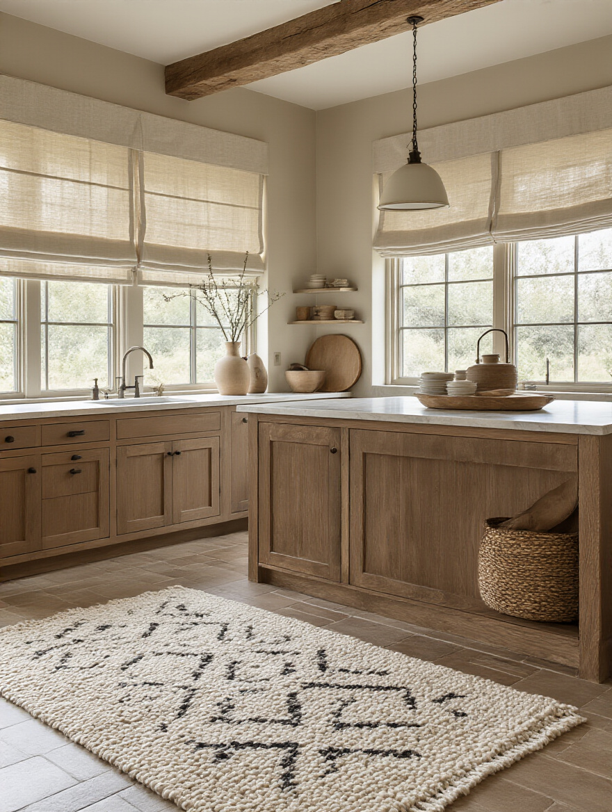 Cozy brown kitchen with textured fabrics and rugs enhancing warmth