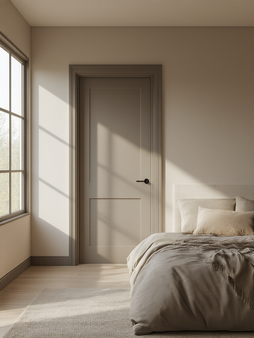 Modern bedroom interior with soundproof walls and solid-core door for quieter private sleep