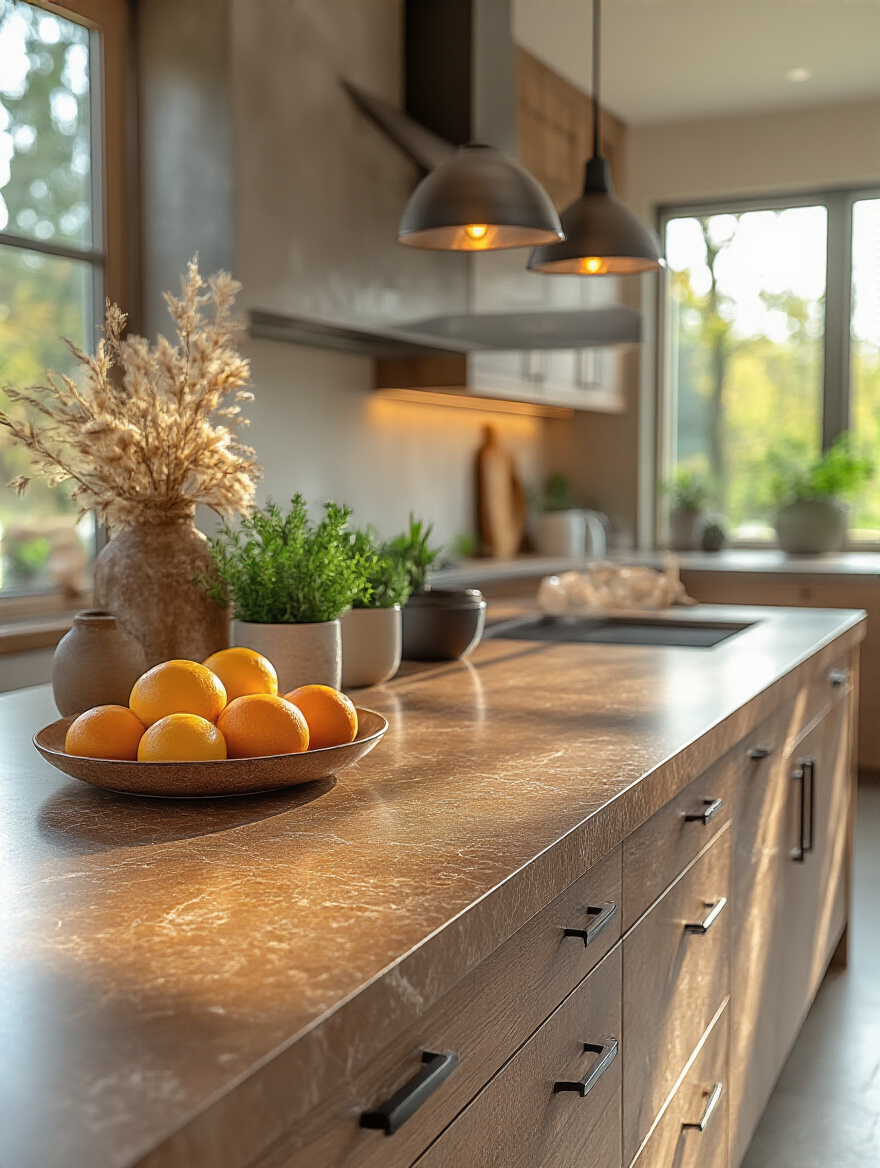 Modern kitchen with durable brown engineered quartz countertop