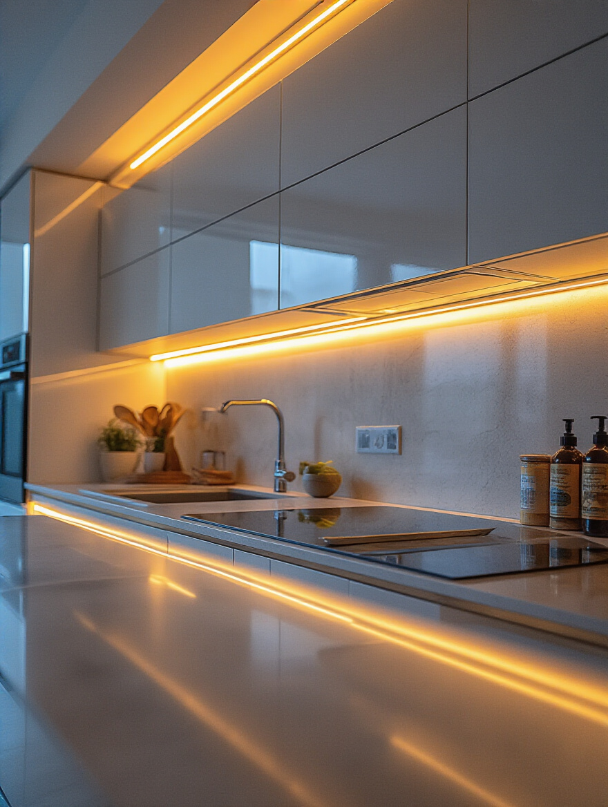 Modern kitchen countertop illuminated by warm under-cabinet LED lighting enhancing workspace visibility