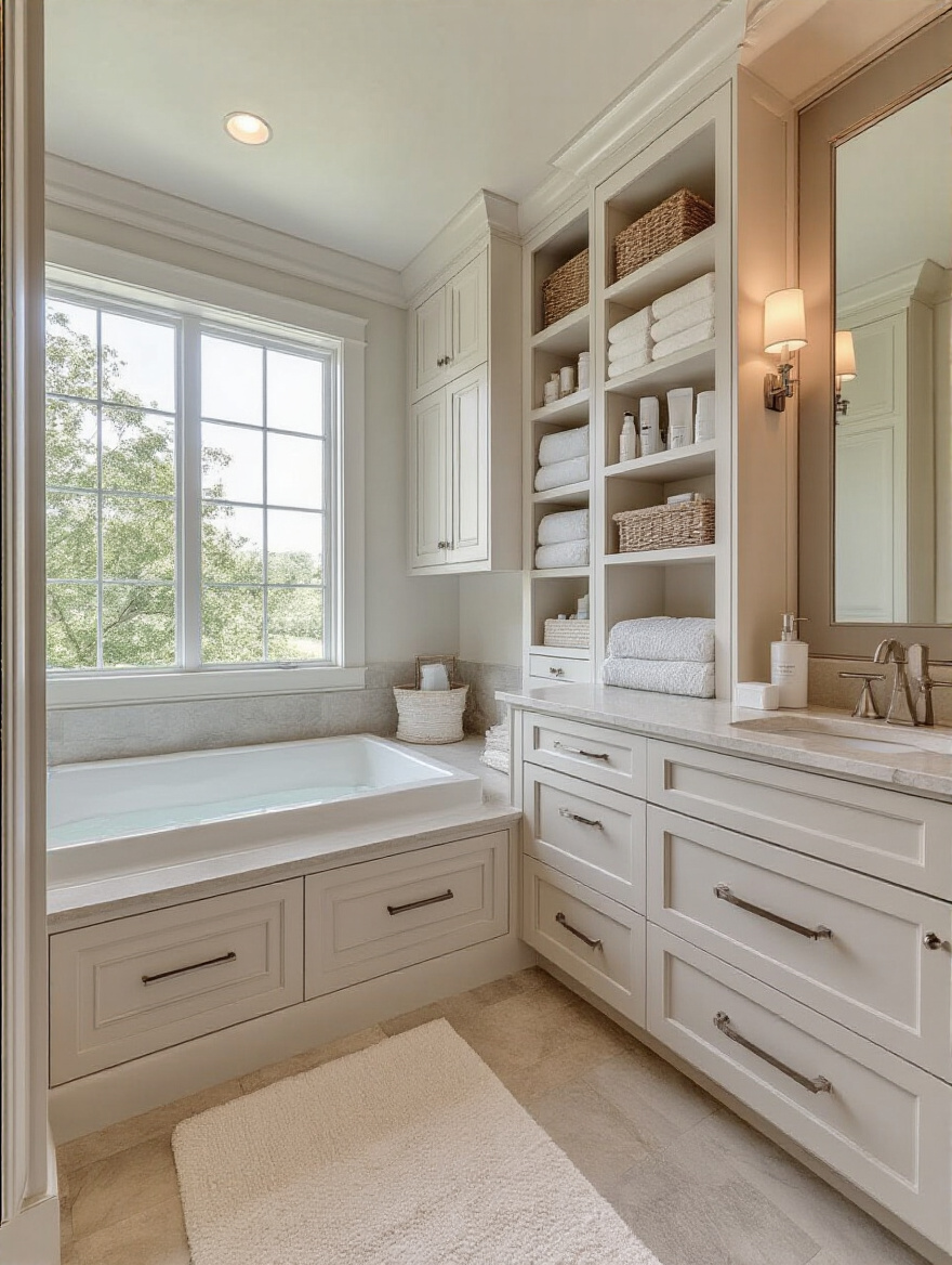 Master bathroom featuring smart storage solutions with built-ins and recessed niches.