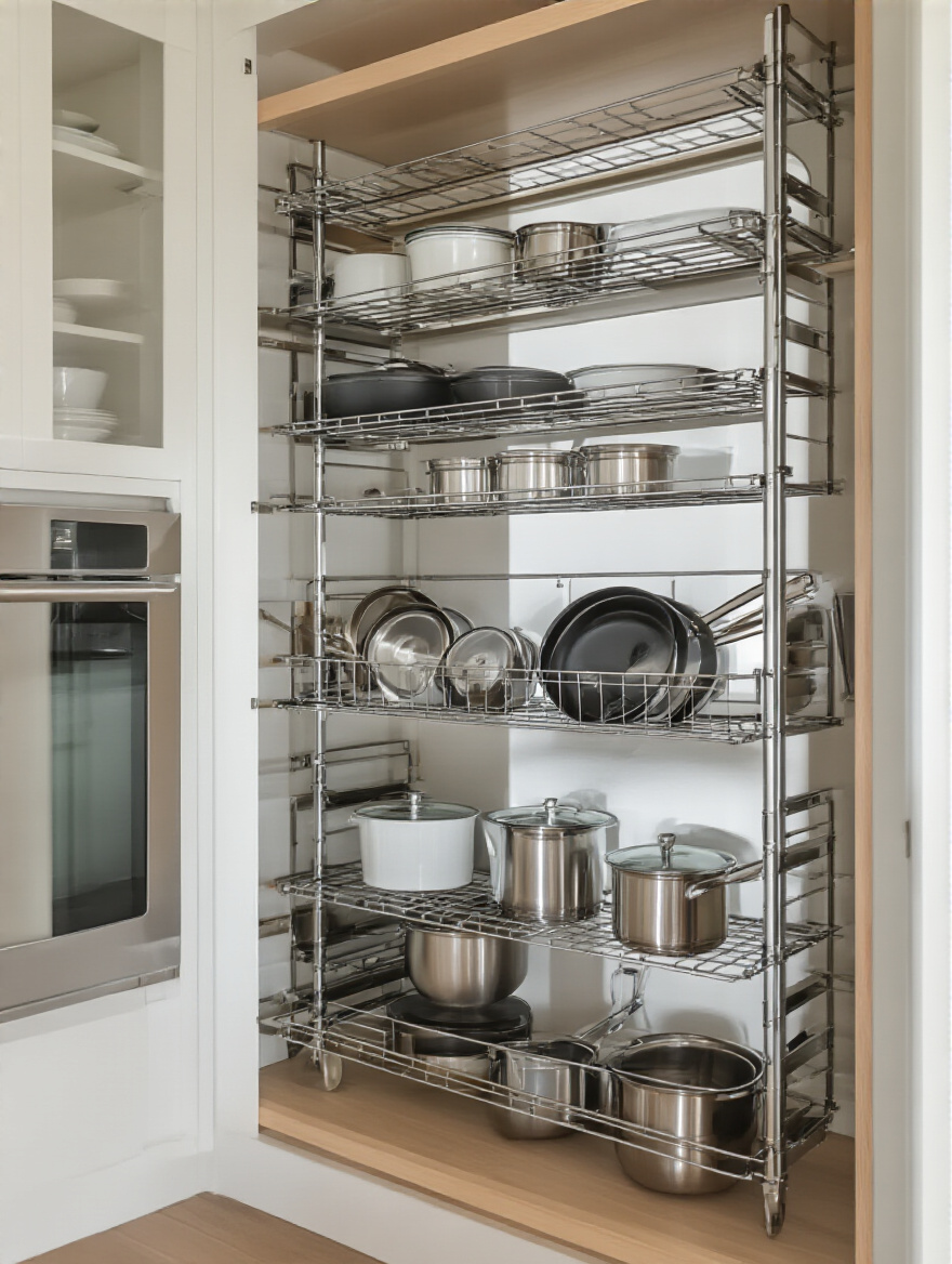 Organized kitchen cabinet with vertical racks for pots and pans