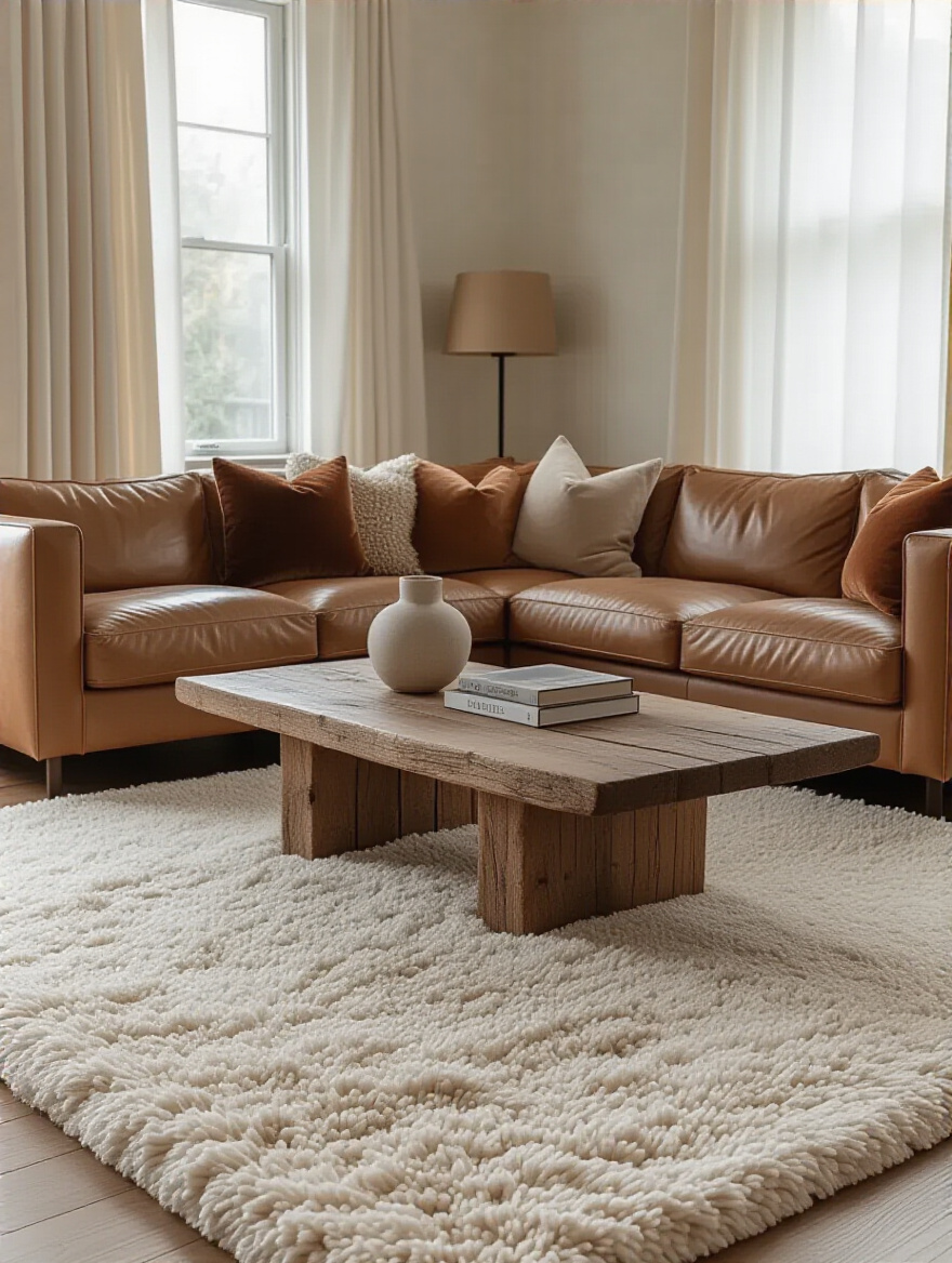 Cozy living room showcasing a blend of textures with a leather sofa, velvet pillows, and a wooden coffee table.