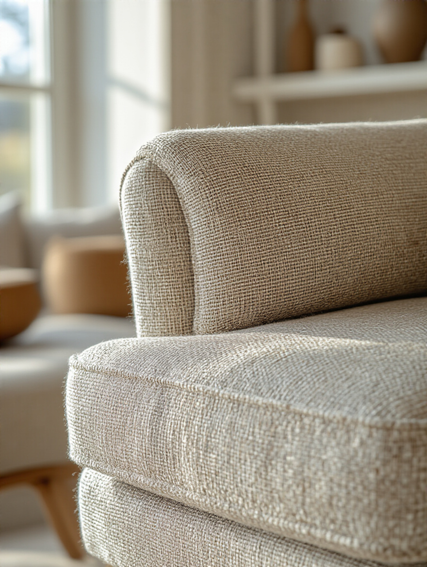 Close-up portrait of living room chair upholstery fabric showing texture and weave in natural light