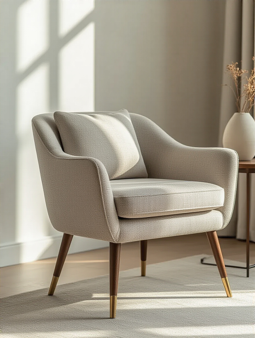 Modern living room chair with upgraded tapered wood and metal legs in a minimalist interior