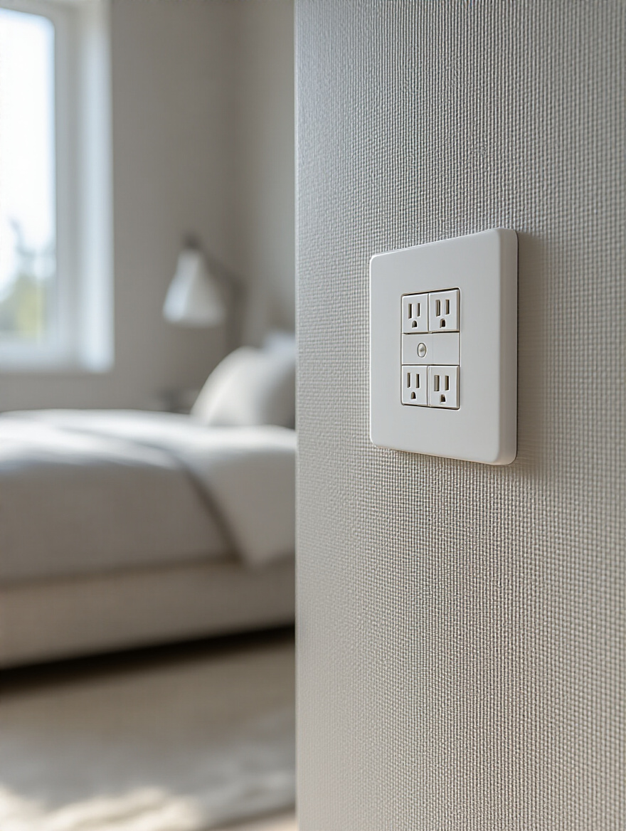 Modern matte white screwless outlet and switch plates in a stylish bedroom corner