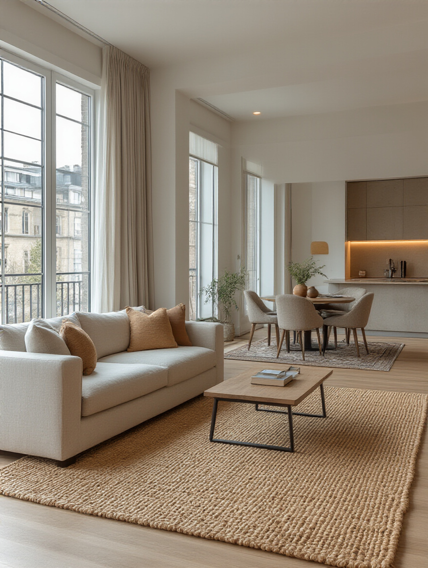 Open-plan apartment living room with distinct functional zones defined by area rugs, including seating and dining areas, no people