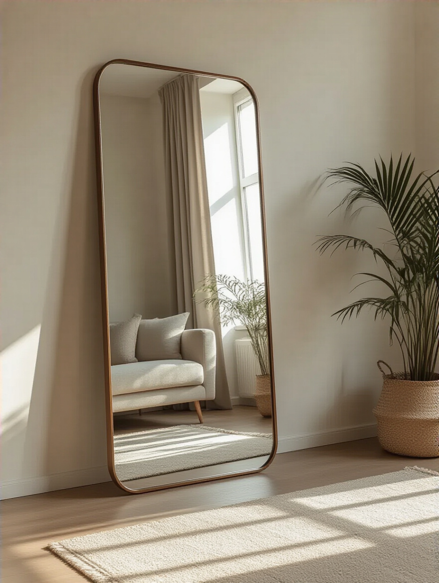 Apartment living room featuring a large full-length mirror reflecting natural light to create a spacious and bright atmosphere