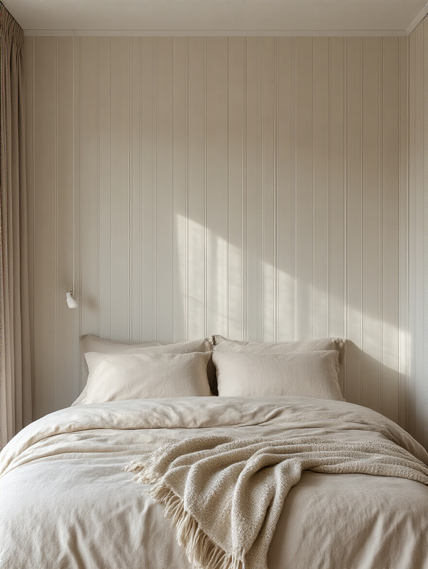 Small bedroom with vertical striped wallpaper accent wall and floor-to-ceiling striped curtains creating an elongated room effect