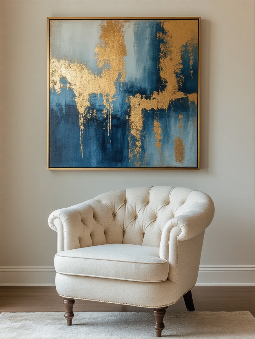 Elegant living room chair with oversized abstract wall art hung precisely above, showcasing strategic wall decor integration.