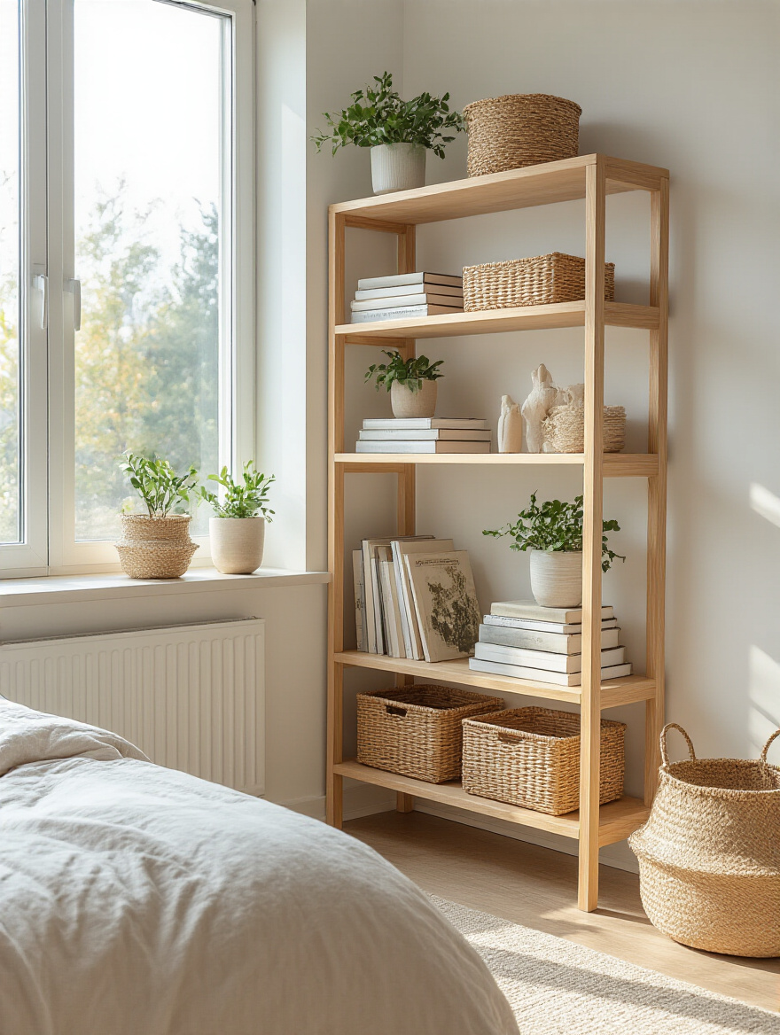 Small bedroom corner with light wood multi-tiered corner shelving unit neatly organized with books, plants, and baskets.