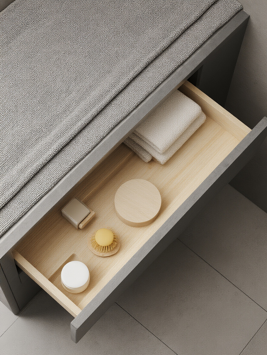 Minimalist bathroom drawer organized with bamboo drawer dividers separating small essentials