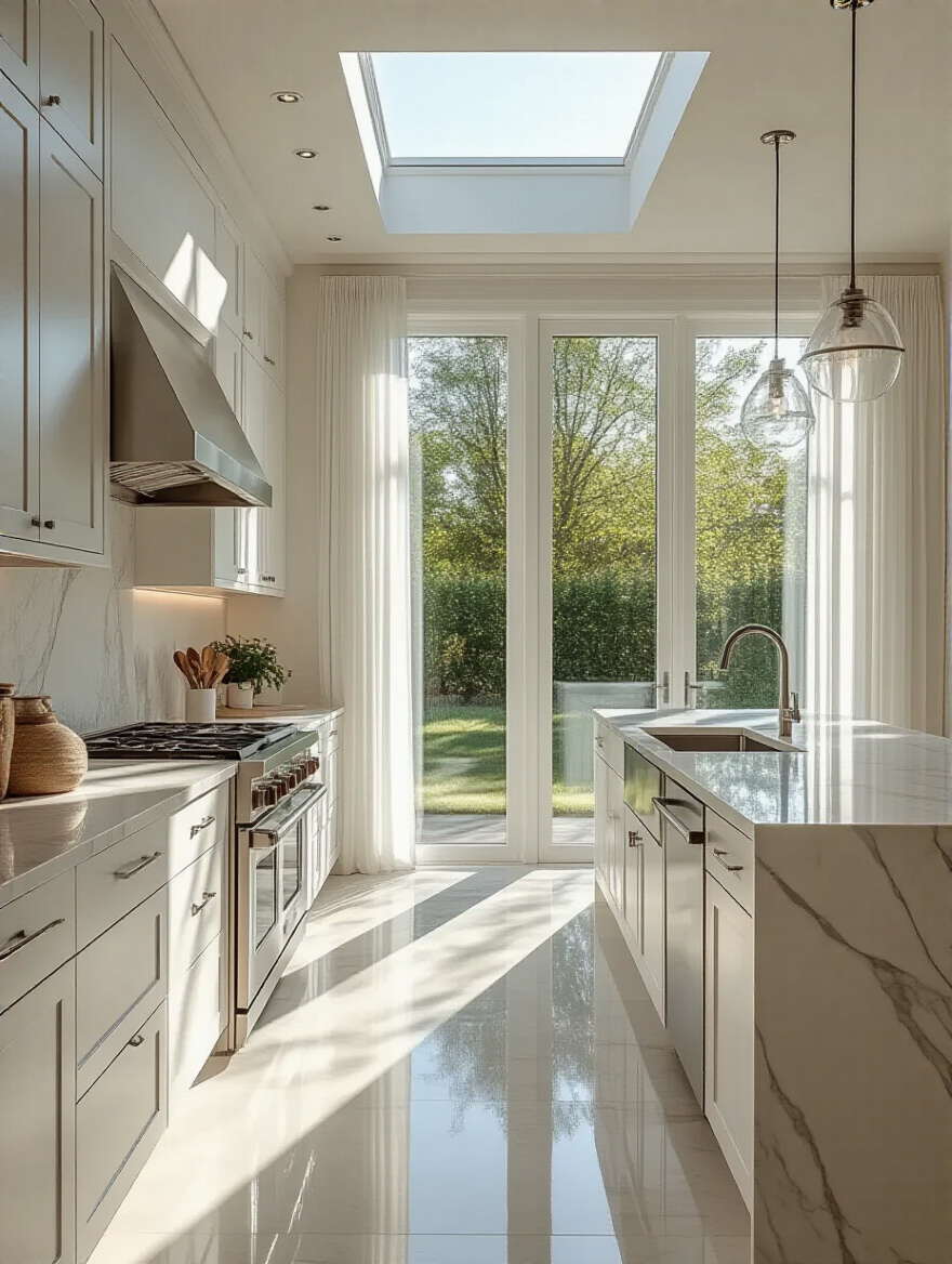 Bright modern kitchen illuminated by natural light through large windows and skylight, featuring glossy white cabinets and reflective surfaces