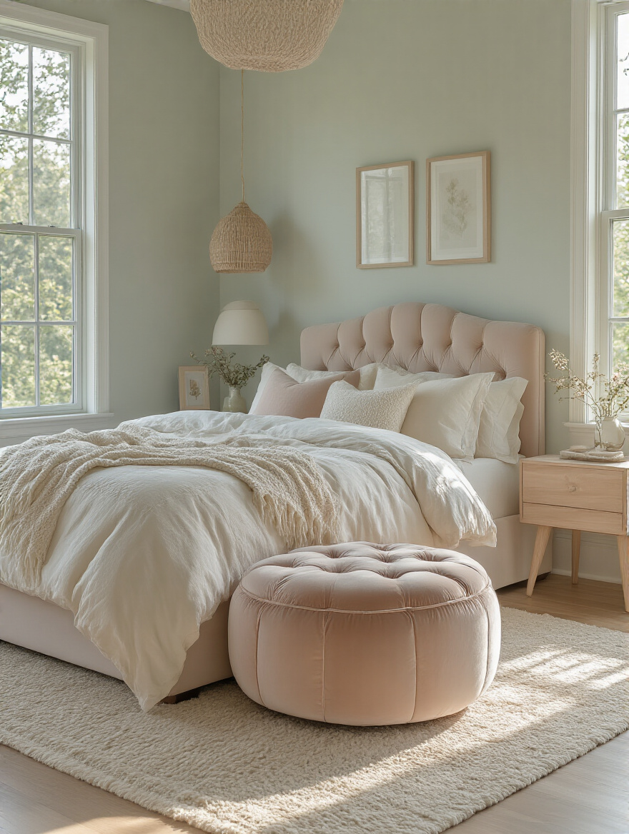 A stylish bedroom with a velvet ottoman at the foot of the bed, showcasing cozy decor.