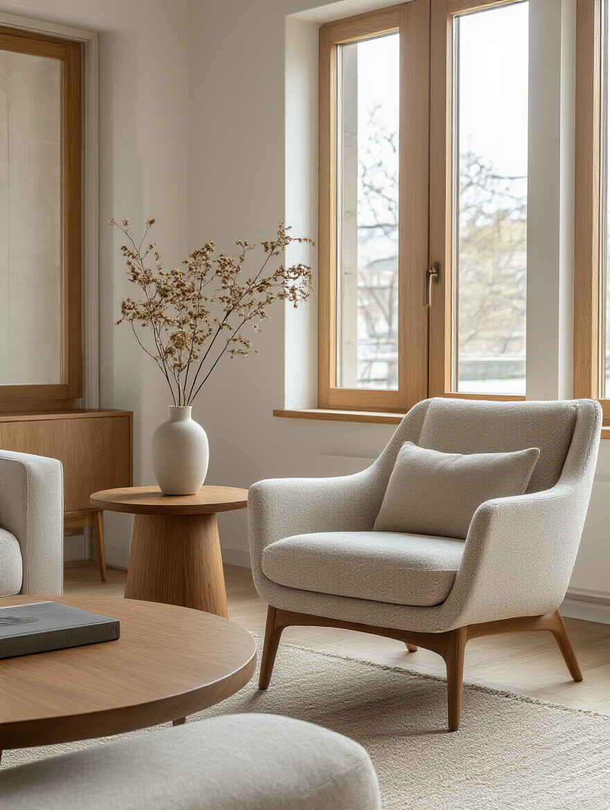 Living room chair with wooden side table and C-table creating practical and balanced decor