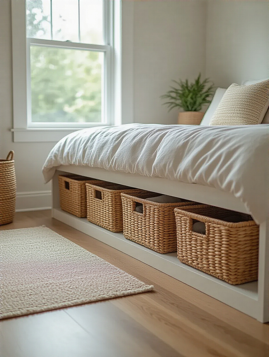 Under-bed baskets neatly arranged under a queen-sized bed in a small minimalist bedroom with natural lighting
