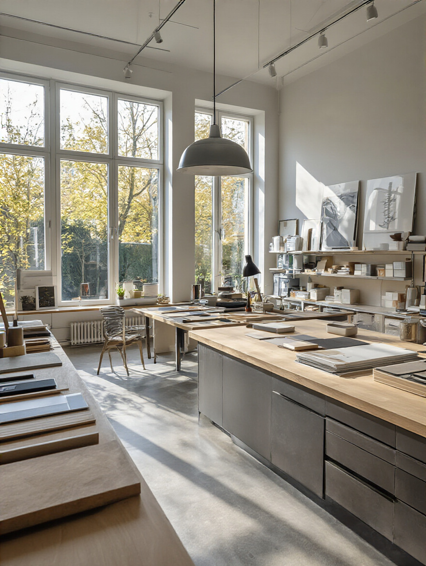 Professional kitchen design studio with modern tools and samples in a well-lit workspace.