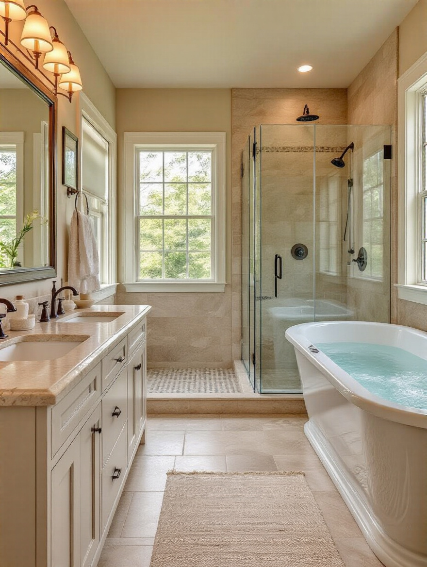 A well-designed master bathroom layout emphasizing user traffic and flow efficiency.