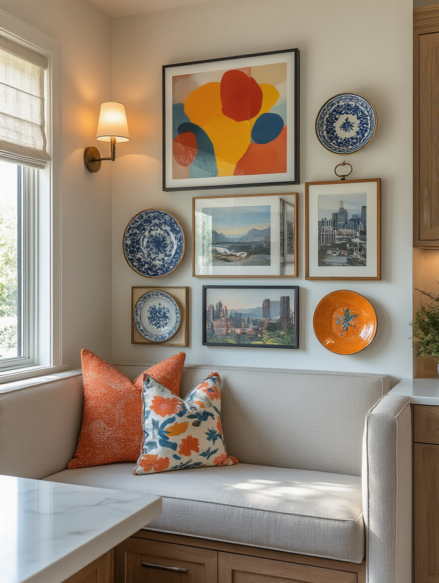 Modern kitchen corner with personalized artwork and decorative elements reflecting individual style, warm natural lighting