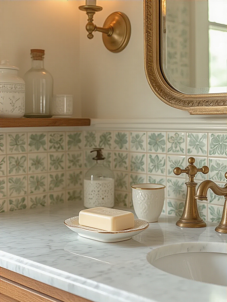 Vertical shot of a vintage bathroom vanity with porcelain soap dish and milk-glass tumbler on a marble countertop, brass faucet, and warm ambient lighting.