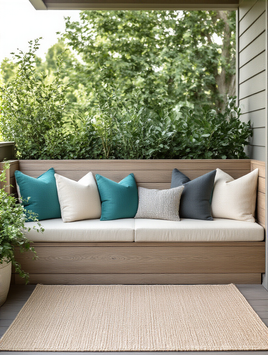 Patio seating with plush outdoor cushions and decorative pillows on a wooden deck during warm light.