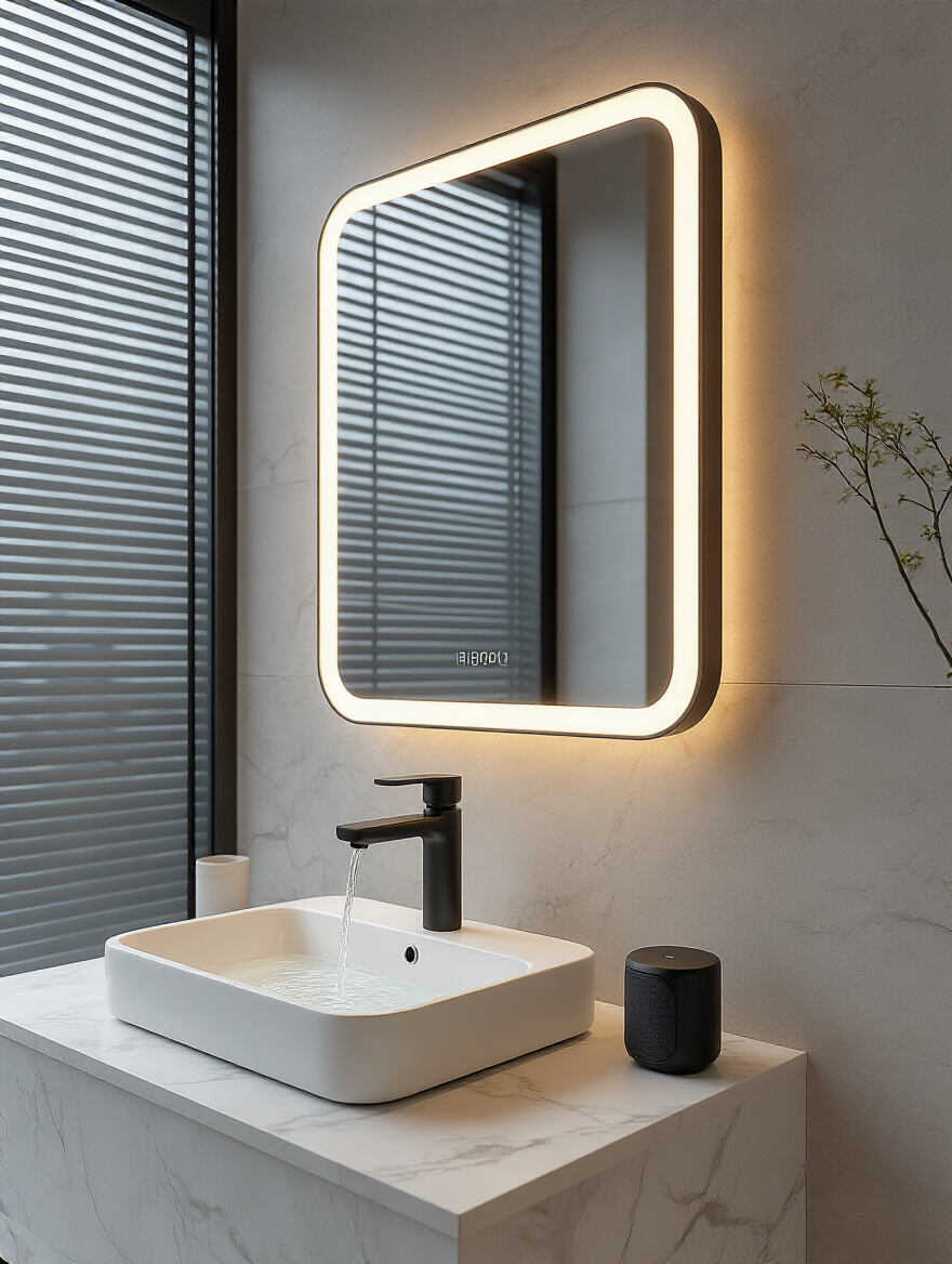 Vertical photo of a modern bathroom vanity with a matte-black touchless faucet, frameless backlit smart mirror, and a compact Bluetooth speaker on a floating shelf