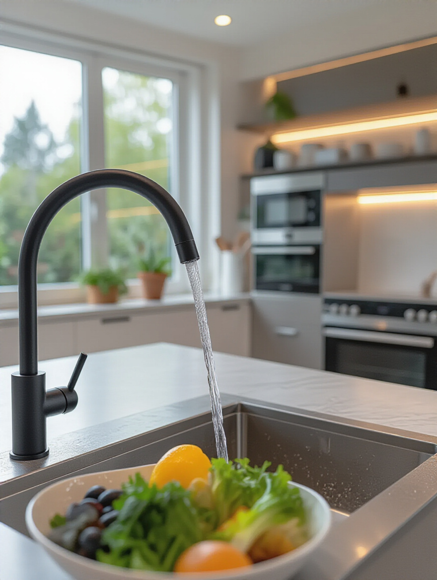 Modern kitchen with voice-activated faucet and connected smart appliances showcasing smart kitchen technology