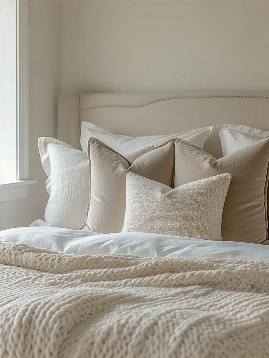 White bedroom with bed adorned by soft neutral pillows in cream and taupe shades layered with varied textures
