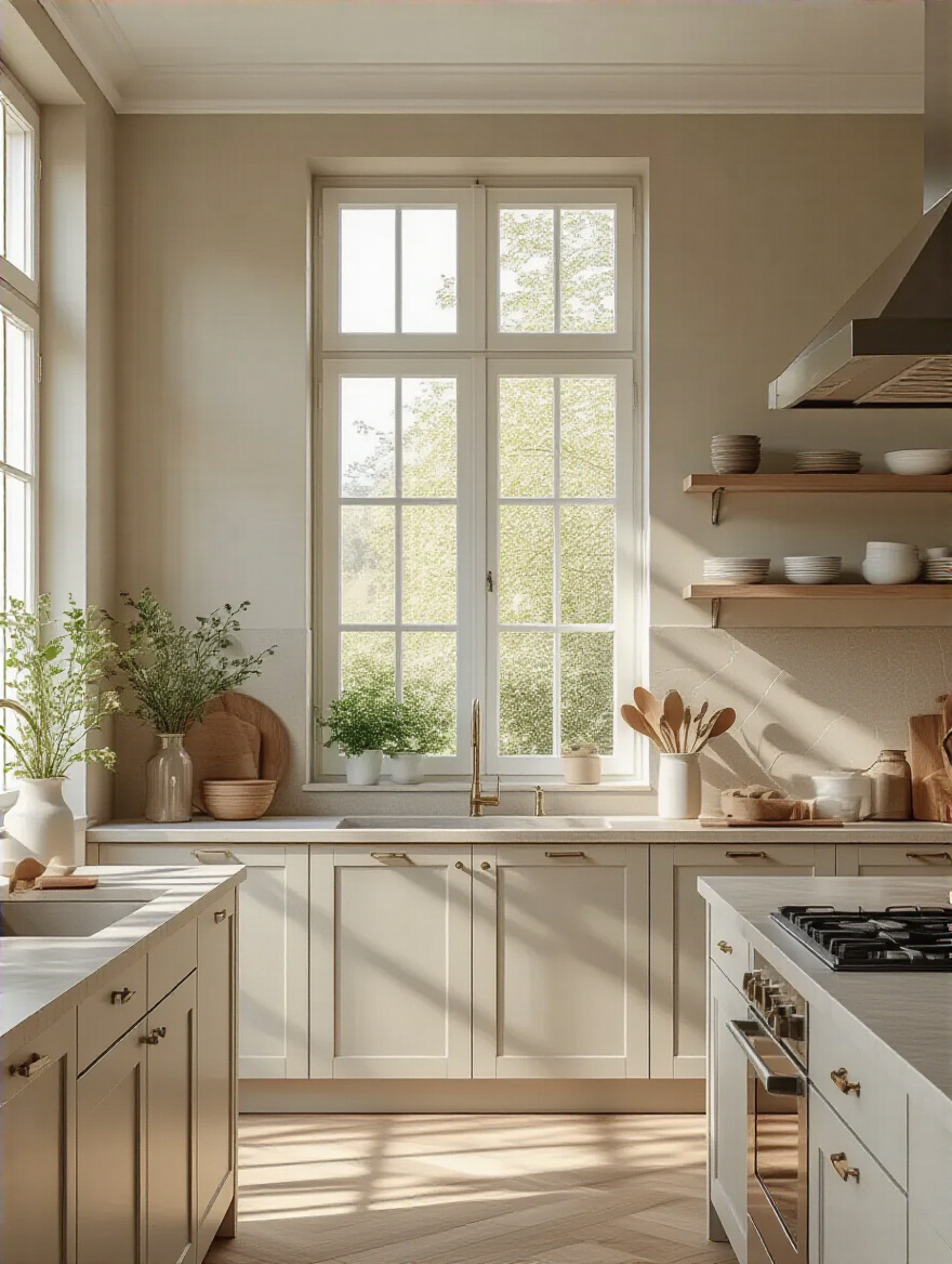 Modern kitchen interior with harmonious light pastel wall colors enhancing brightness and mood, no people