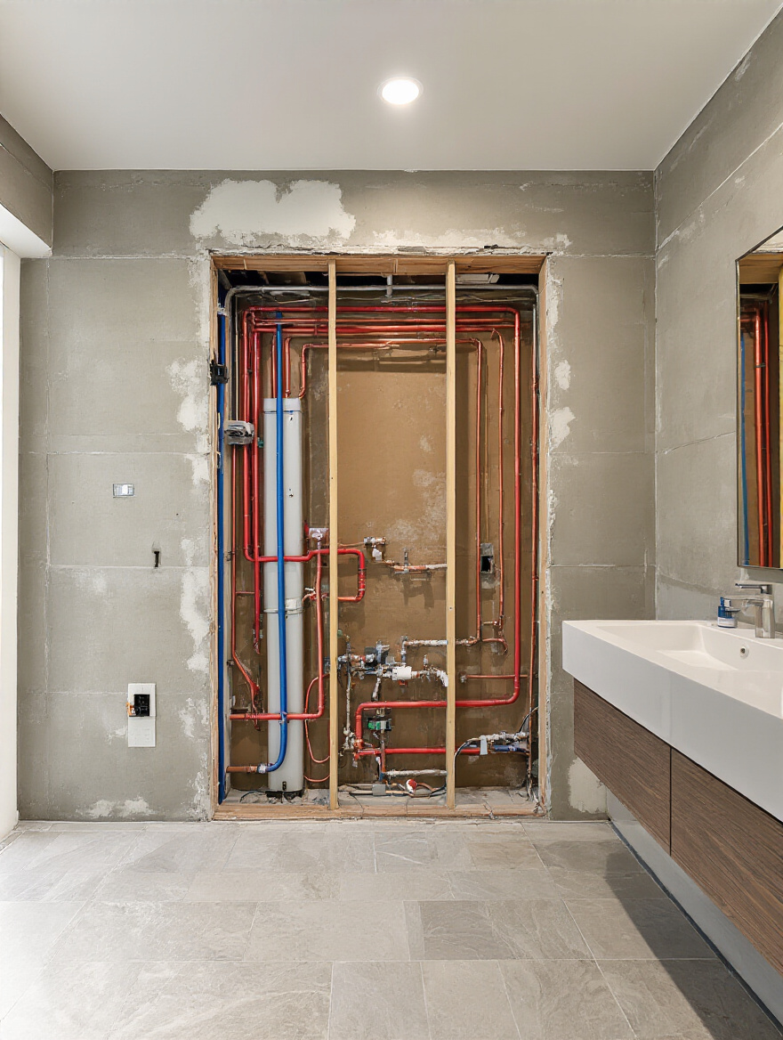Vertical photo of a bathroom with drywall removed revealing exposed PEX plumbing, copper pipes and organized electrical wiring highlighting a pre-renovation assessment for efficiency