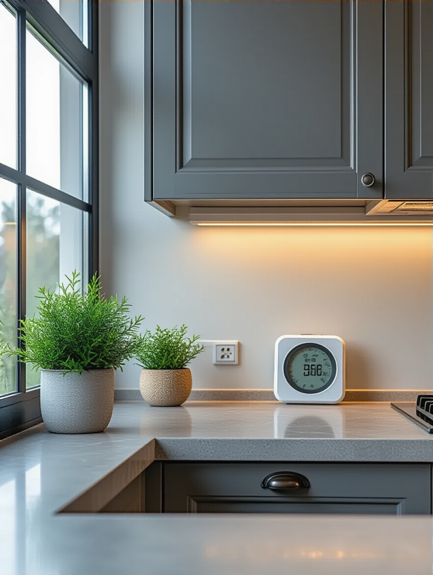 Close-up portrait of a modern kitchen wall with a digital hygrometer, clean surface ready for wallpaper installation, natural lighting