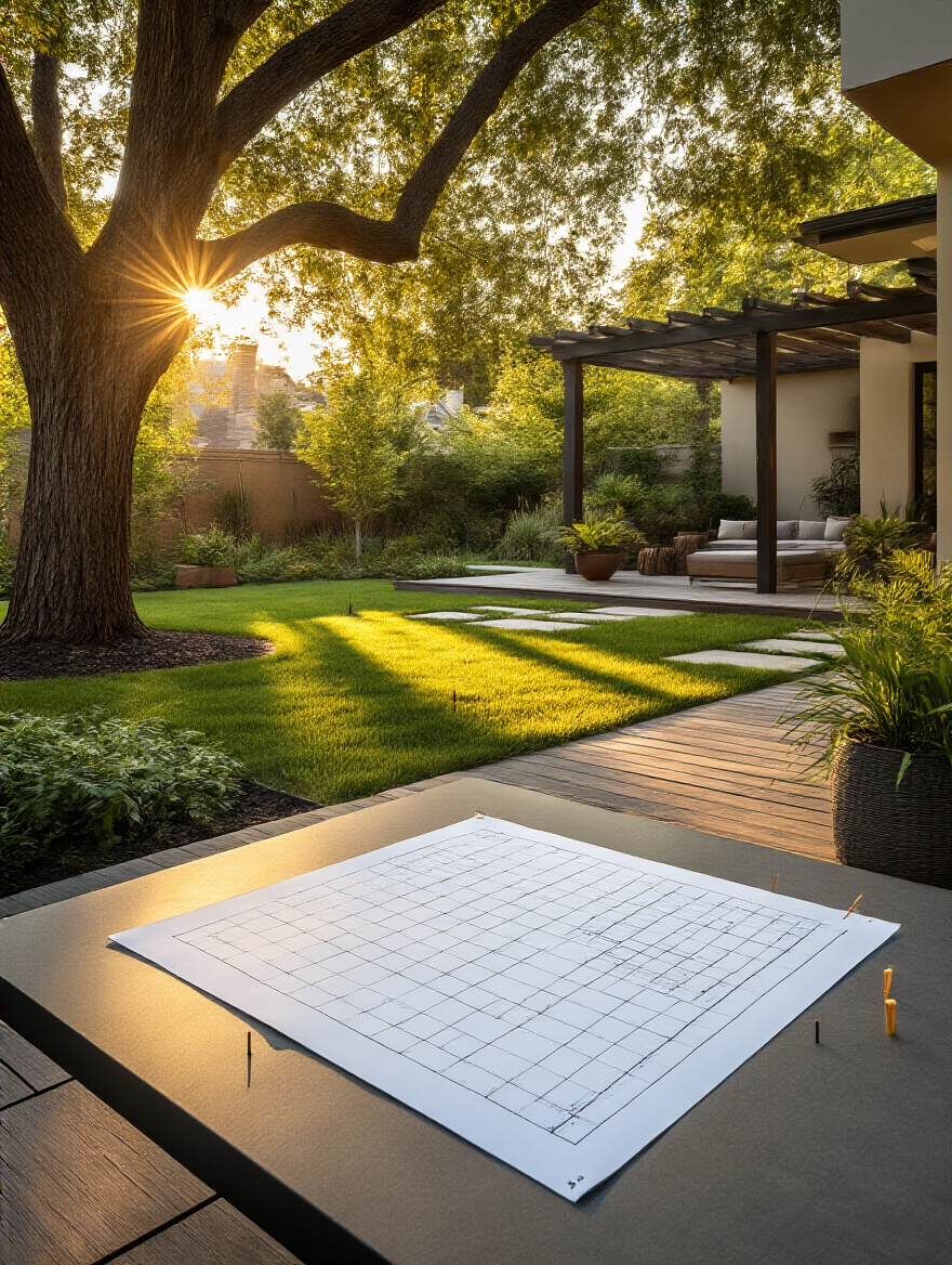 Portrait backyard sun/shade assessment with graph-paper diagram and stakes in the yard, golden hour lighting